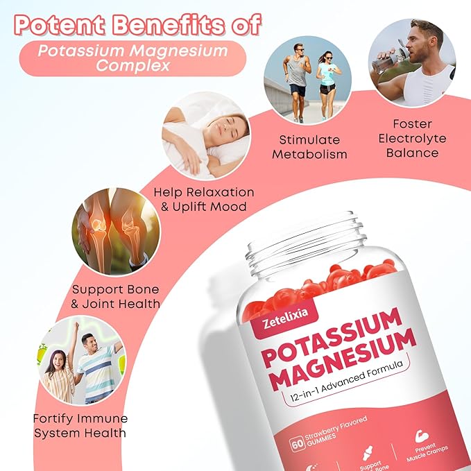 Potassium Magnesium Supplement Gummies for Adults Kids, Magnesium Glycinate & Potassium Citrate, Plus Multivitamin, Omega-3 & Black Pepper, Leg Cramps, Muscle & Heart Health, 60ct