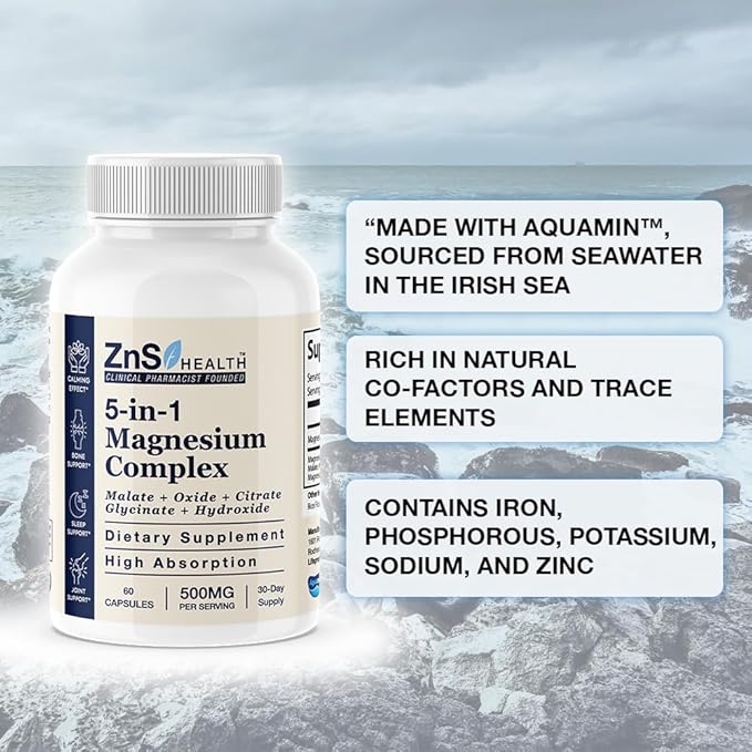 5-in-1 Magnesium Complex Spectrum 5 Magnesium Glycinate from ZnS Health, Malate, Citrate, Oxide, Hydroxide for Energy, Nerves, Muscles, Sleep, Joints, High Absorption 500 mg 60 Capsules Vegan Non-GMO