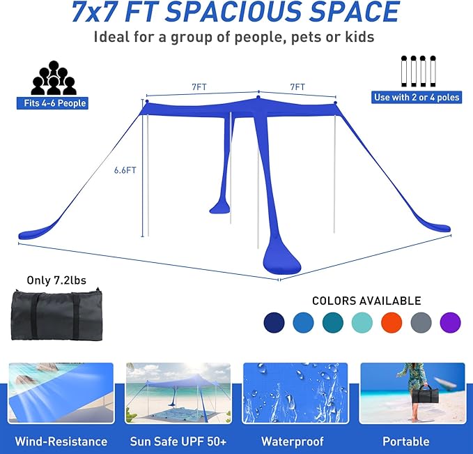 Beach Tent Pop Up Shade Canopy Sun Shelter UPF50+ with 4 Stability Poles/Carry Bag/Ground Pegs/Sand Shovel/Windproof Ropes Portable Outdoor Family Sunshade for Beach Camping (Navy Blue, 7×7FT)