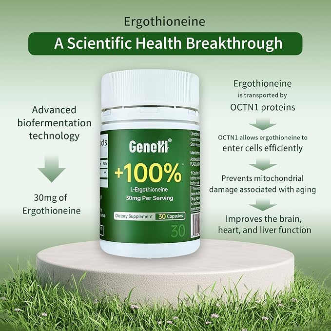 L-Ergothioneine Supplement, 30mg(EGT)/Serving, 6X Ergothioneine Mushroom Extract Supplements Longevity, Immune Support, Heart Health & Brain Supplement, Lab Tested, Made in USA (30 Servings)
