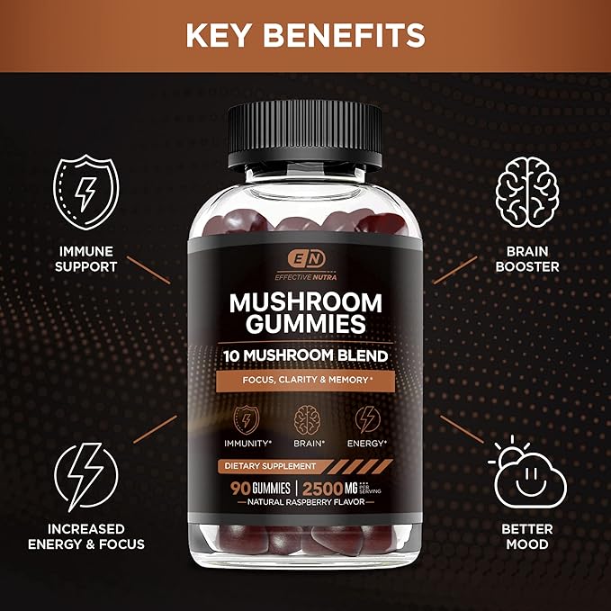 Mushroom Gummies 2500mg | 10 Blend w/Lions Mane, Reishi, Chaga, Cordyceps & More | Focus, Memory, Immunity, Energy | Natural Berry Flavor Supplement | Vegan, Made in USA (2-Pack)