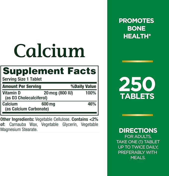 Nature's Bounty Calcium Carbonate & Vitamin D, Supports Immune Health & Bone Health, 600mg Calcium & 800IU Vitamin D3, 250 Tablets (Pack of 2)