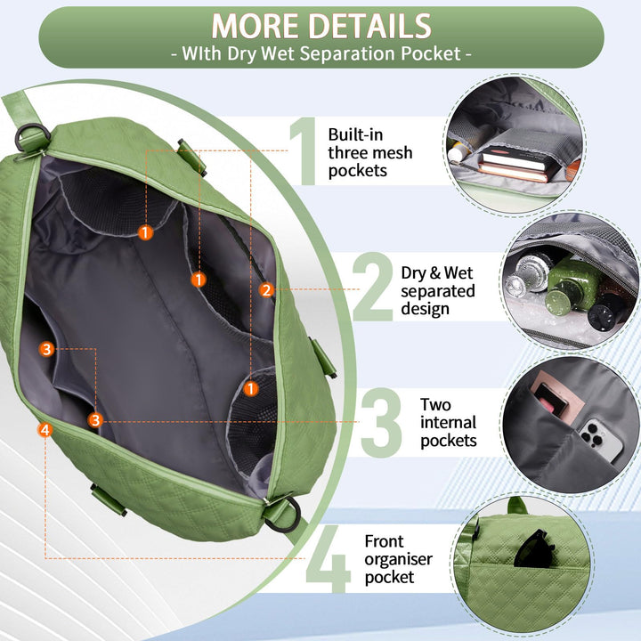 FIORETTO Women's Water-Resistant Travel Gym Duffle Bag with Detachable Strap, Multi-Functional, Ideal for Travel, Gym, Sports, Weekender, DUffel, with Toiletry Bag, Green