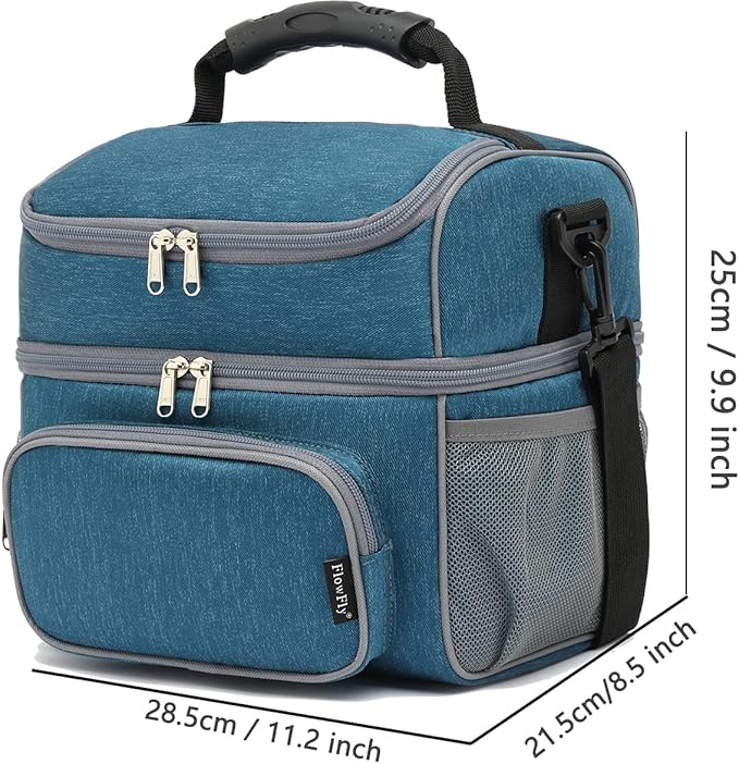 FlowFly Double Layer Cooler Insulated Lunch Bag Adult Lunch Box Large Tote Bag for Men, Women, With Adjustable Strap,Front Pocket and Dual Large Mesh Side Pockets
