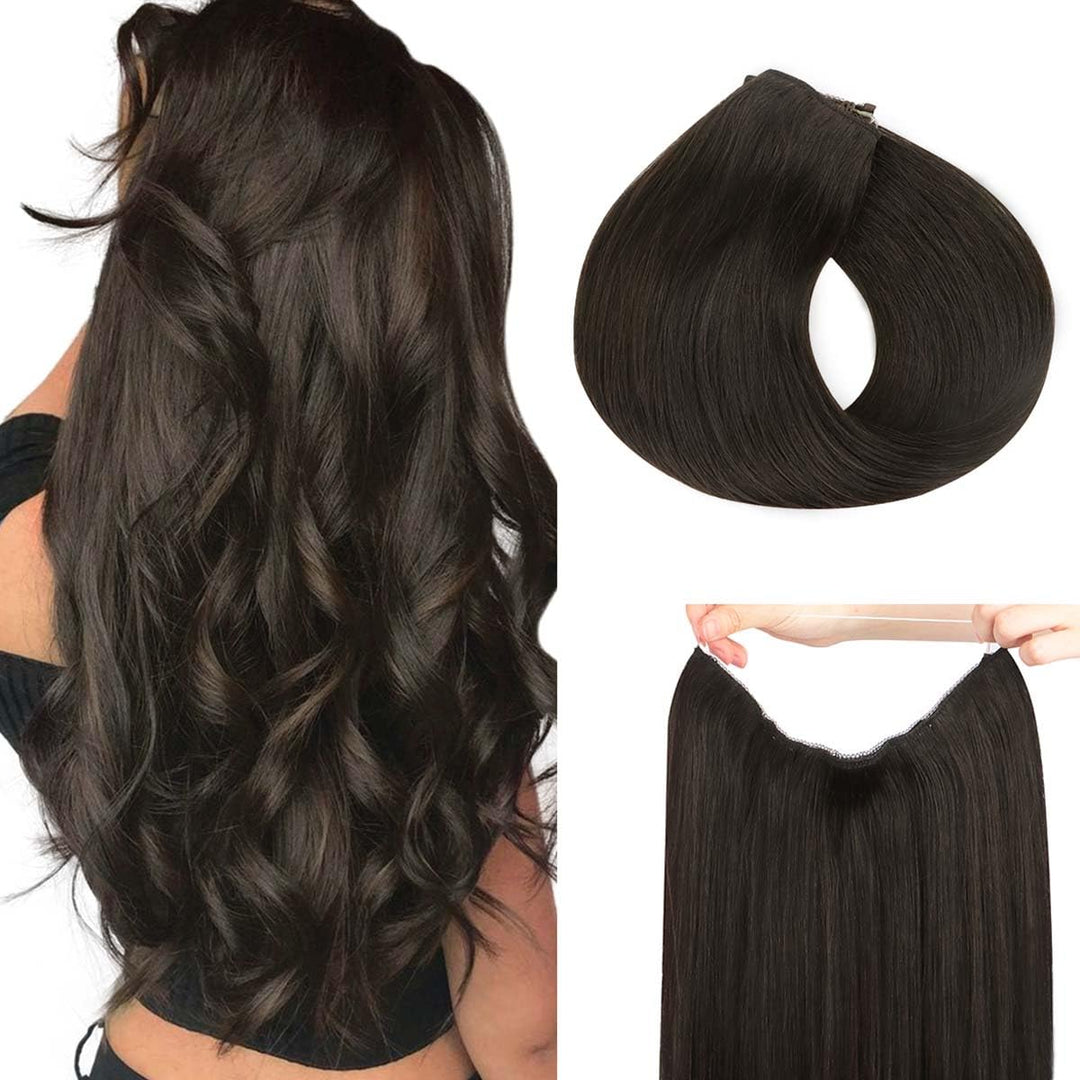 Hotbanana Wire Hair Extensions, 14 Inch 75G Dark Brown Invisible Fish Line Real Human Hair Extensions Straight