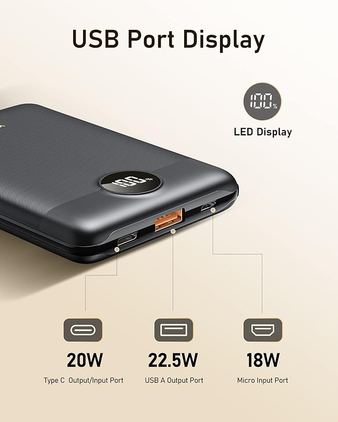 VEEKTOMX Mini Power Bank 10000mAh, 22.5W Fast Charging Small Portable Charger with PD 3.0 & QC 3.0,USB C Slim Compact iPhone Charger, Dual Output Compatible with iPhone, Samsung,Travel Must Haves