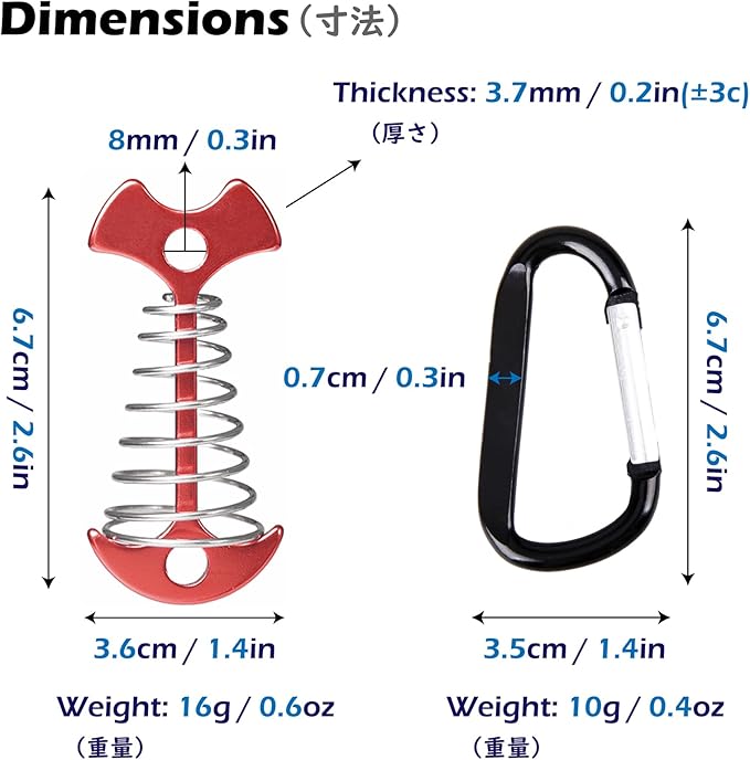 TRIWONDER 6pcs Deck Plank Board Tent Stakes Aluminum Spring Anchor Fishbone Guyline Cord Adjuster Tent Pegs with Carabiners for Outdoor Camping Hiking