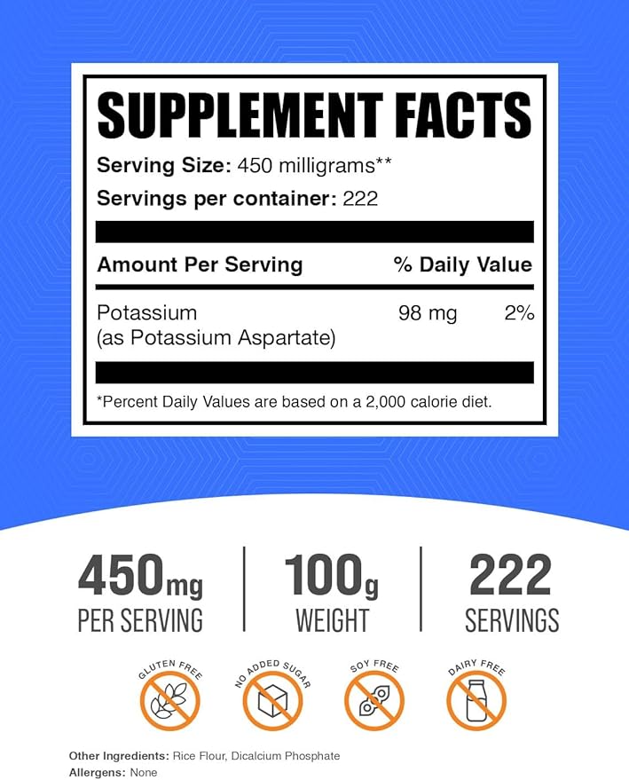 BulkSupplements.com Potassium Aspartate Powder - Potassium Powder Supplement, Potassium Aspartate Supplement - Gluten Free, 450mg (98mg Potassium) per Serving, 100g (3.5 oz) (Pack of 1)