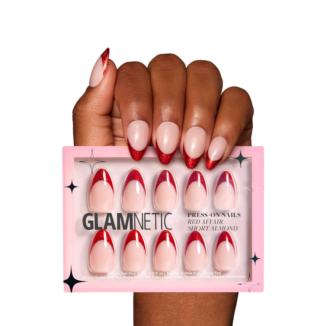 Glamnetic Press On Nails - Red Affair | Short Almond Red Glitter French Tip Nails With A Glossy Finish | 15 Sizes - 30 Nail Kit