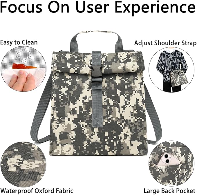 Insulated Lunch Bag for Men/Women/Kids, Roll top Reusable Lunch Box with Adjustable Shoulder Strap, Thermal Lunch Cooler Tote Container for Adults/Teens School Work Office Picnic,Black,Camo