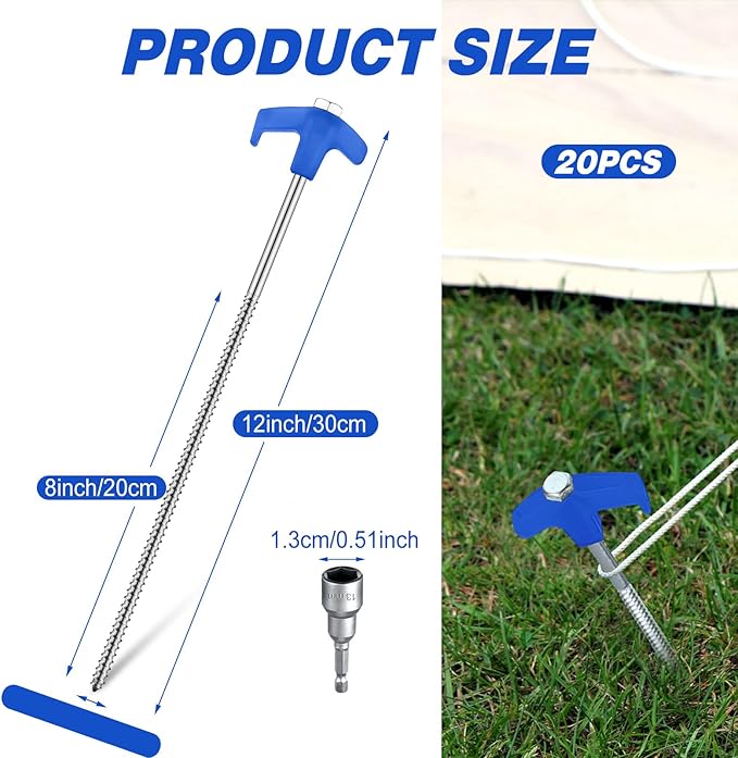 Hicarer 12 Inch Tent Stakes Screw in Camping Stakes Heavy Duty Metal Stake Ground Anchor Peg Threaded Tent Spikes with Hex Head Driver for Camping Garden Inflatable