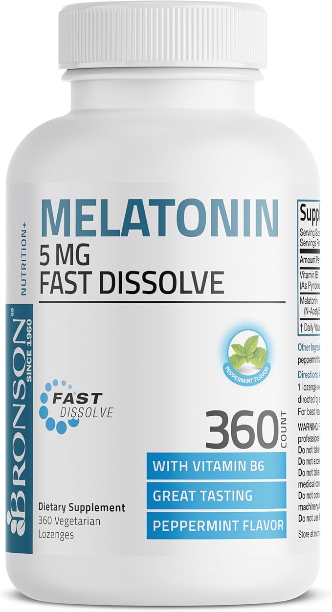 Bronson Melatonin 5mg Fast Dissolve Peppermint Tablets with Vitamin B6 - Promotes Relaxation, 360 Vegetarian Chewable Lozenges
