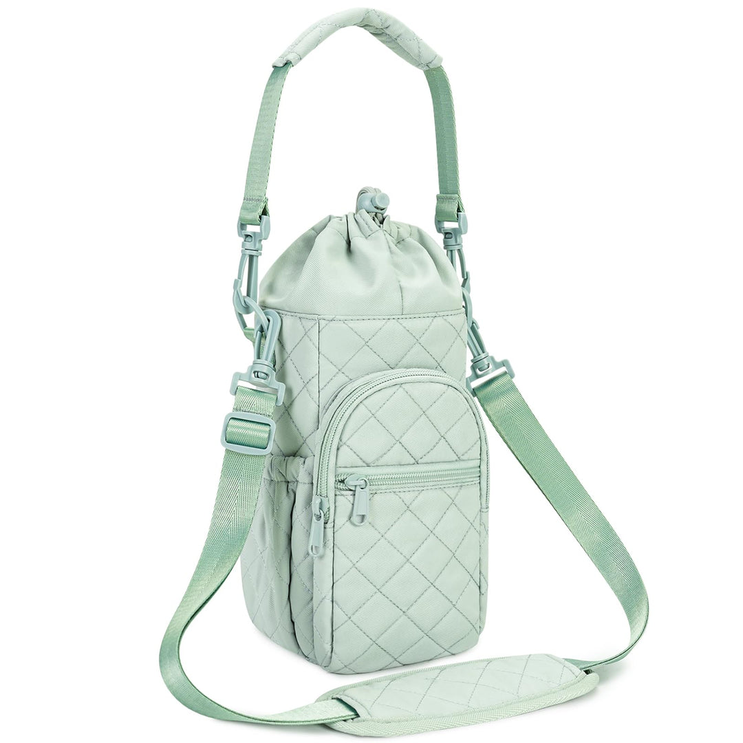 sportsnew Quilted Water Bottle Holder with Strap 32oz 40oz Insulated Quilted Water Bottle Pouch Carrier Sling Bag with Phone Pocket Water Bottle Sleeve for Walking Hiking, Quilt Green Patent Pending