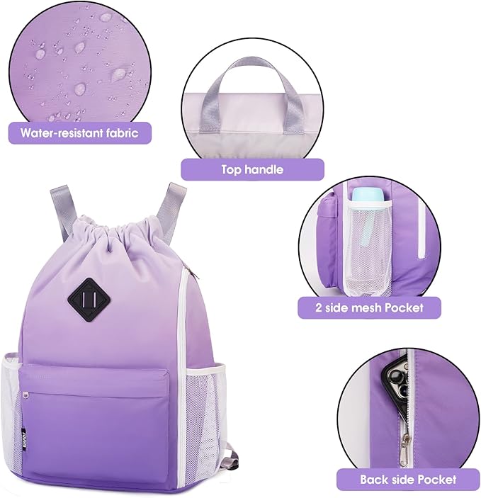 WANDF Drawstring Backpack Sports Gym Bag with Shoes Compartment, Water-Resistant String Backpack Cinch Bag for Women Men (Purple Gradient)