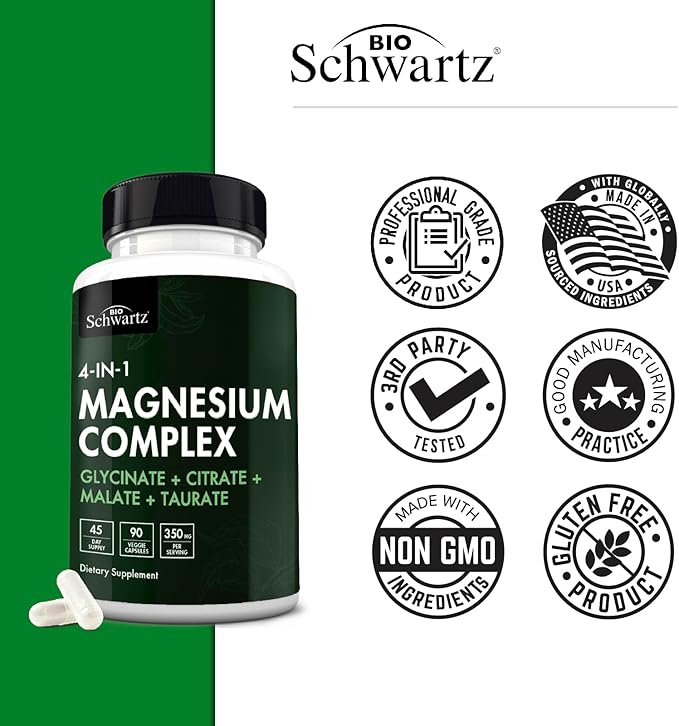 Magnesium Complex Supplement - Extra Strength 350mg High Absorption Magnesium Glycinate Citrate Malate and Taurate to Support Heart Health Sleep Nerves Muscles - Non GMO, Vegan Safe, 90 Capsules