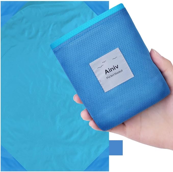 Picnic Blanket, Mini Pocket Beach Mat 55.1 x 70.8IN (3-5 People) Foldable, Lightweight Waterproof Sand Free, Foldable Thin Ground Sheet for Outdoor Camping Hiking Travel - with Hand Strap