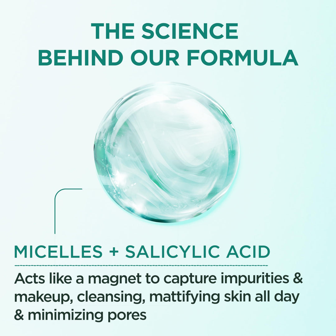 Garnier Micellar Water with Salicylic Acid, All-in-1 Mattifying Facial Cleanser and Makeup Remover for Oily and Acne Prone Skin, 13.5 Fl Oz