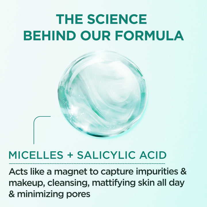 Garnier Micellar Water with Salicylic Acid, All-in-1 Mattifying Facial Cleanser and Makeup Remover for Oily and Acne Prone Skin, 13.5 Fl Oz