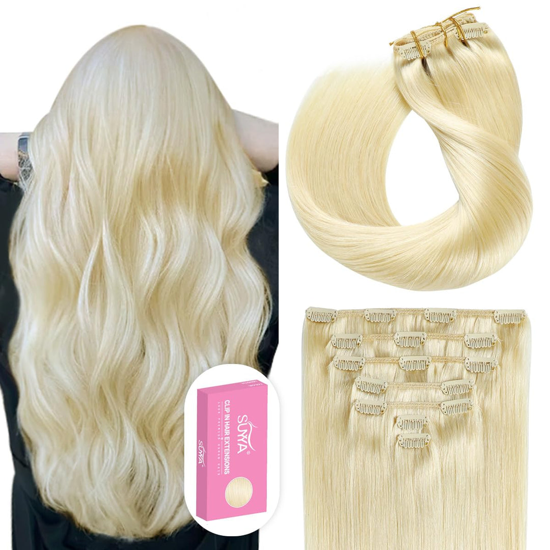 Suyya Clip In Hair Extensions Real Human Hair 20 Inch 120G 7Pcs Platinum Blonde Hair Extensions Real Human Hair Clip Ins Silky S