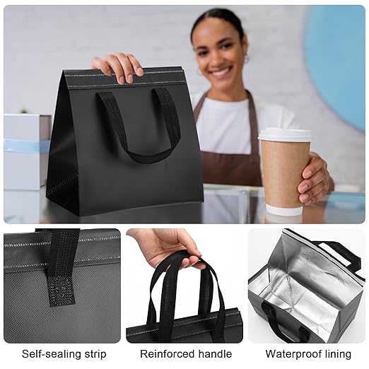 300 Pcs Insulated Take Away Bags Bulk Thermal Insulation Food for Coffee Milk Tea Hot Cold Food Fresh Seafood Cooler Pizza Delivery Bags for Catering Restaurant Grocery (Black)