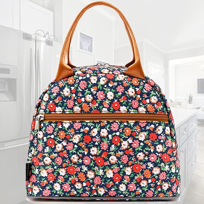 FlowFly Insulated Lunch Bag for Women, Men, and Kids, Large and Reusable, Handle, Freezable Work and School Travel Tote and Meal Prep Organizer, Waterproof Polyester,Floral
