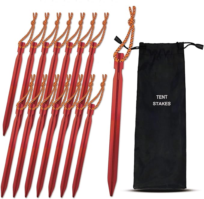 15Pack Tent Stakes, Lightweight Tent Stakes Heavy Duty, Metal Stakes with Pull Rope, 7075 Aluminum Tent Pegs for Backpacking, Durable Camping Tent Accessories, Red