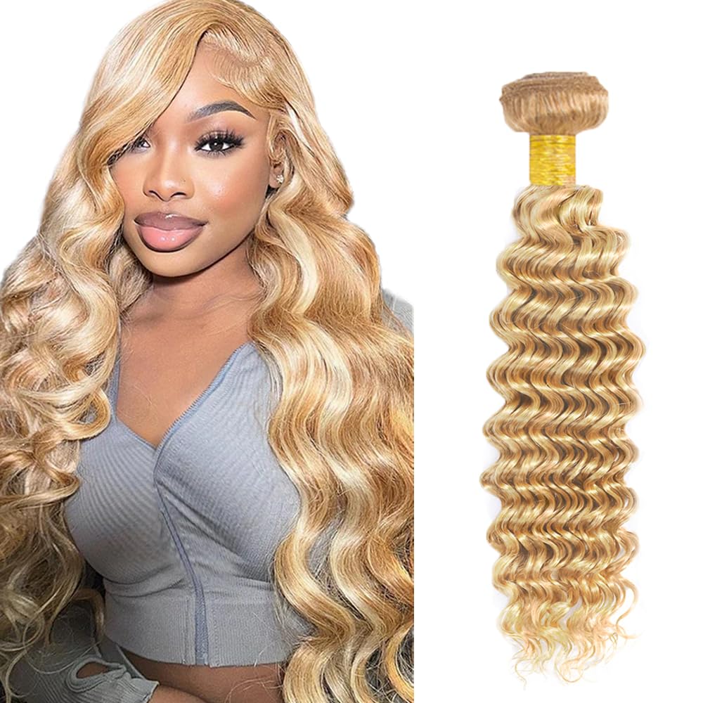 WuvuSnm 613 Deep Wave BUndles Human Hair Blonde Bundles P27/613 Human Hair Bundles 26 inch Single Bundle Honey Blonde Wet and Wavy Bundles for Black Women