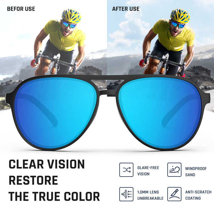 TOREGE Aviator Sunglasses For Women Men Polarized Sunglasses, Lightweight Sports Sun Glasses UV400 Protection For Running Fishing Cycling Boating Beach Golf Driving TR75(Black&Black&Ice Blue Lens C2)