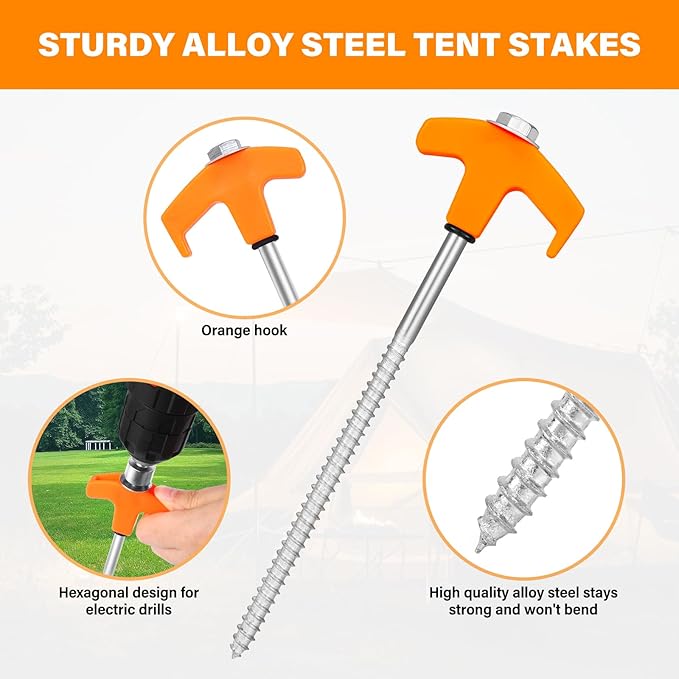 18 Tent Stakes Heavy Duty Metal Tent Stakes Screw in Camping Stakes with Luminous Head Ground Anchor Pegs Threaded Tent Spikes with Hex Head Driver and Storage Box, Orange