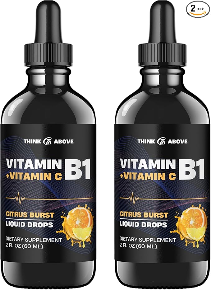 Vitamin B1 + Vitamin C Liquid Drops - Energy & Immune Support Supplement - 2 fl oz (60 ml) Pack of 2 - Fast Absorption, Easy-to-Use