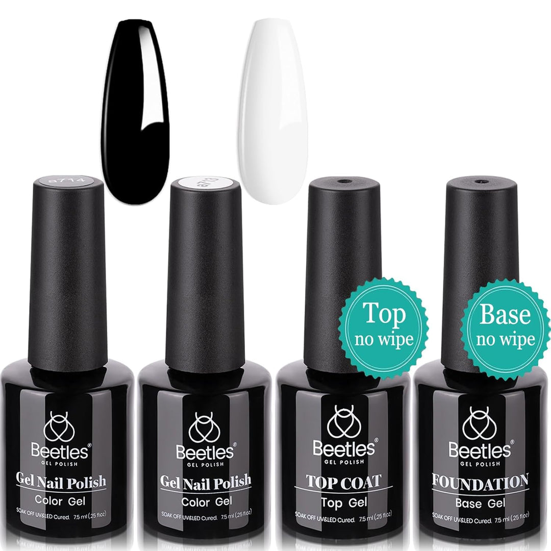 Beetles Gel Nail Polish Set- 4Pcs 7.5Ml Black White Gel Nail Polish With No Wipe Top Coat And Base Coat Set Soak Off Uv Led Lamp