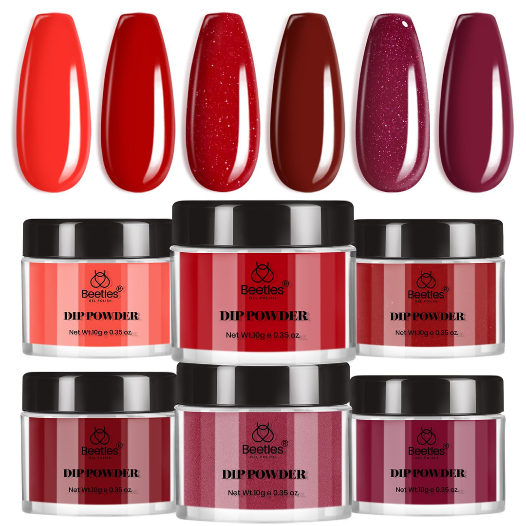 Beetles Dip Powder Nail Kit 6 Colors Red Glitter Dipping Powder No Need Nail Lamp Cured Manicure DIY Salon Gift for Girls Women