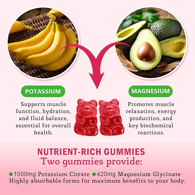2 Pack Potassium Magnesium Gummies, High Absorption Magnesium Potassium Supplement with Vitamin B6 for Leg Cramps & Muscle Health, Strawberry, 120 Count