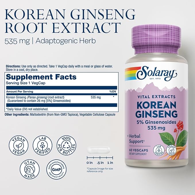 SOLARAY Korean Ginseng Root Extract - Herbal Support for Occasional Stress, Energy, and Physical Endurance - 5% Ginsenosides - Vegan, Lab Verified - 60 Servings, 60 VegCaps