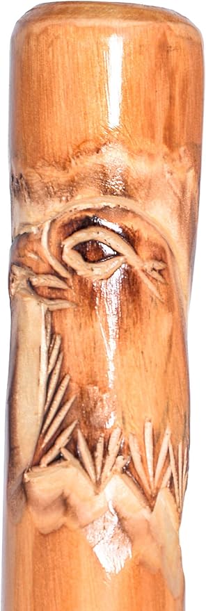 3pc Detachable Fir Wood Walking Stick for Hiking with Compass 55 Inches - with Animal Carving - Soft Hand Strap - Rubber Tip Cover