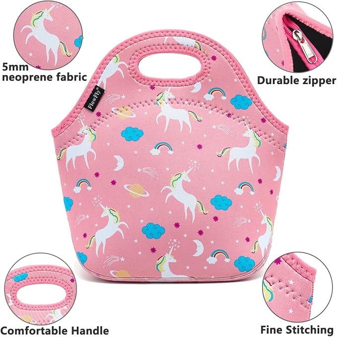 FlowFly Neoprene Lunch Tote Insulated Thermal Reusable Lunch Bag Box for Boys Men with Zipper,Unicorn