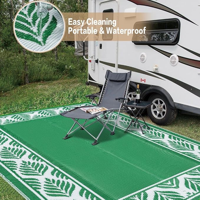 8x10 Patio Waterproof Outdoor Rug Outrside Camping Carpet RV Area Rug Reversible Green Rugs for Deck Entryance Porch Picnic Balcony Beach