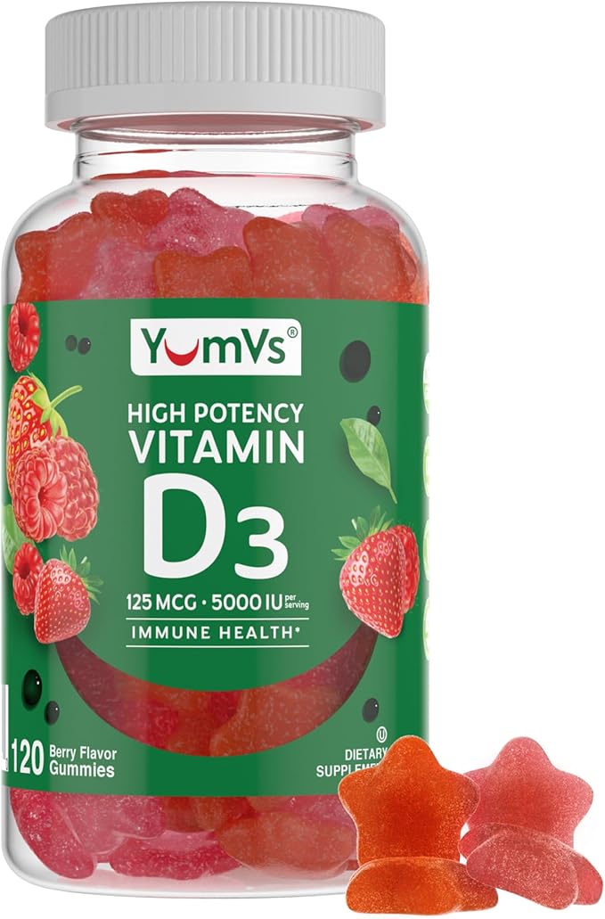 YumVs High Potency Vitamin D3 Gummies 5000 IU 125 mcg - Berry Flavor - Vegetarian Kosher Halal Gluten Free - Vitamin D Gummies for Adults - Vit D Vitamin D 5000 IU Gummy for Men and Women (120 Count)