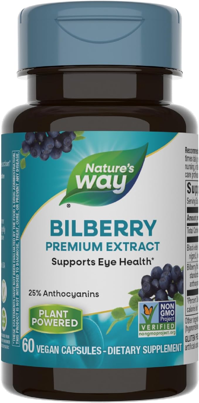 Nature's Way Bilberry Premium Extract, Supports Eye Health*, Eye Health Supplement for Adults with Black Elderberry*, Gluten Free, Vegan, 60 Capsules (Packaging May Vary)