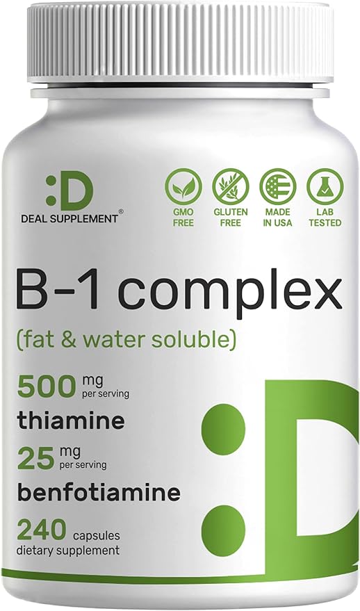 Deal Supplement Vitamin B1 500mg with Benfotiamine, 240 Capsules – 2 in 1 Enhanced Formula – Fat & Water Soluble Thiamine B1 Supplement – Third Party Tested, Non-GMO, No Gluten