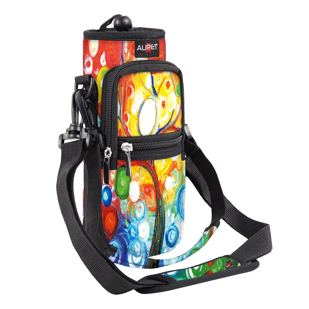 AUPET Water Bottle Sling Bag Sleeve Holder Carrier 25/32/40/64 oz,Insulated Crossbody Water Bottle Case Cover with Strap and Pockets for Men/Women Walking Hiking Camping (25oz, colorful tree)