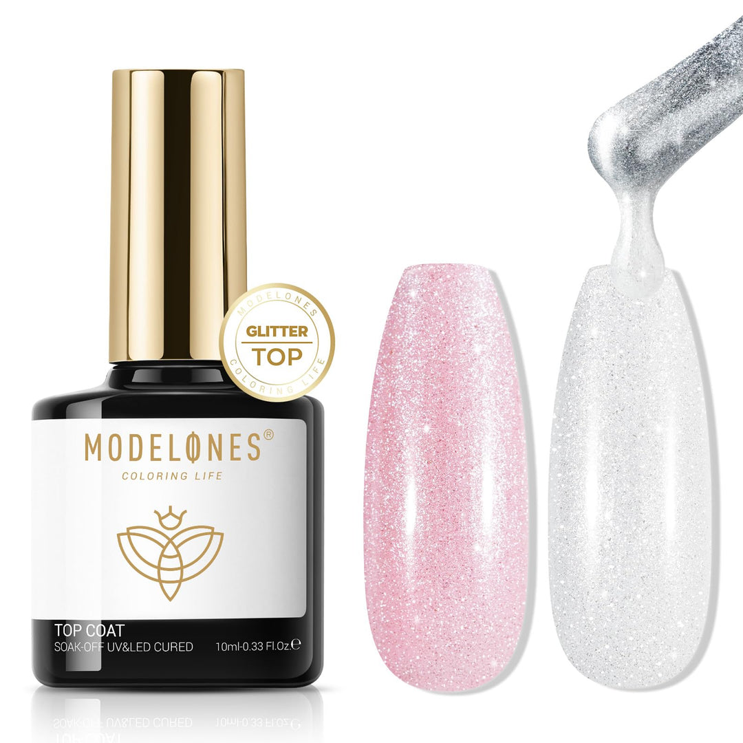 Modelones Glitter Gel Top Coat, Ultra Fine White Aurora Clear Glitter Gel Polish Glossy Sparkle Finish Long Lasting Soak Off Pea