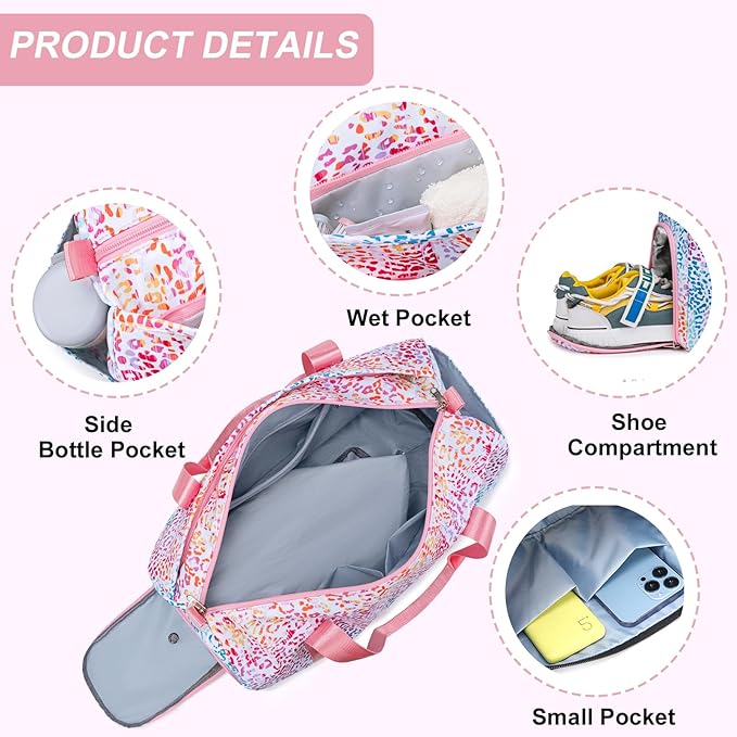 Gym Bag Sports Duffle Bag with Wet Pocket Weekender Overnight Bag with Waterproof Shoe Pouch and Air Hole for Girls Kids Women Travel Foldable Bag