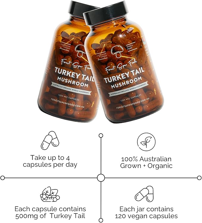 Australian Grown Turkey Tail Whole Mushroom (Includes Mycelium) - Great for Gut Health + Supporting The Bodys Natural defenses, 120x Capsules