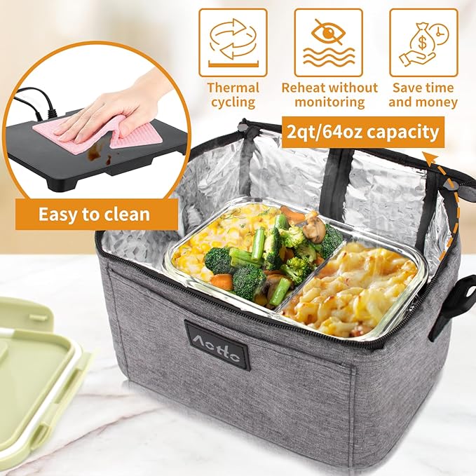 Aotto Portable Oven, Electric Lunch Box Food Heater - 12V/24V/110V 3-in-1 Car Food Warmer - Heated Lunch Box for Adults - Cook, Reheat & Keep Meals Warm for Car, Truck, Travel, Work, Home - Grey