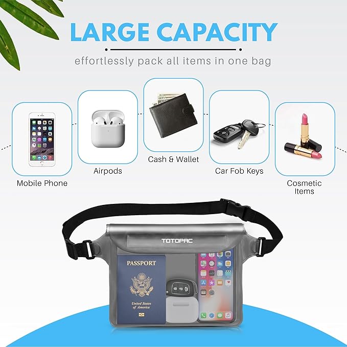 2-Pack Waterproof Fanny Pack, Phone Pouch with Waist Strap, 9x6.7 Inch Dry Bag for Phone, Cash, and Valuables – for Swimming, Kayaking, Boating, Snorkeling, and Water Sports (2, Grey + Grey)