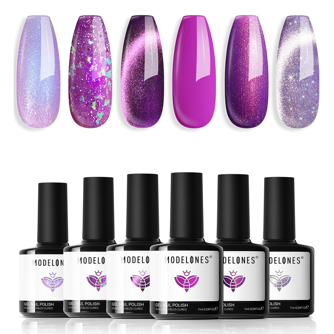 modelones Gel Nail Polish Set 6 Colors Purple Silver Cat Eye Gel Nail Polish Glitter Purple Chameleon Sparkle Silver Shade Shimmer Magnet Polish Soak Off Led Nail Art DIY Salon Gift For Women Girl
