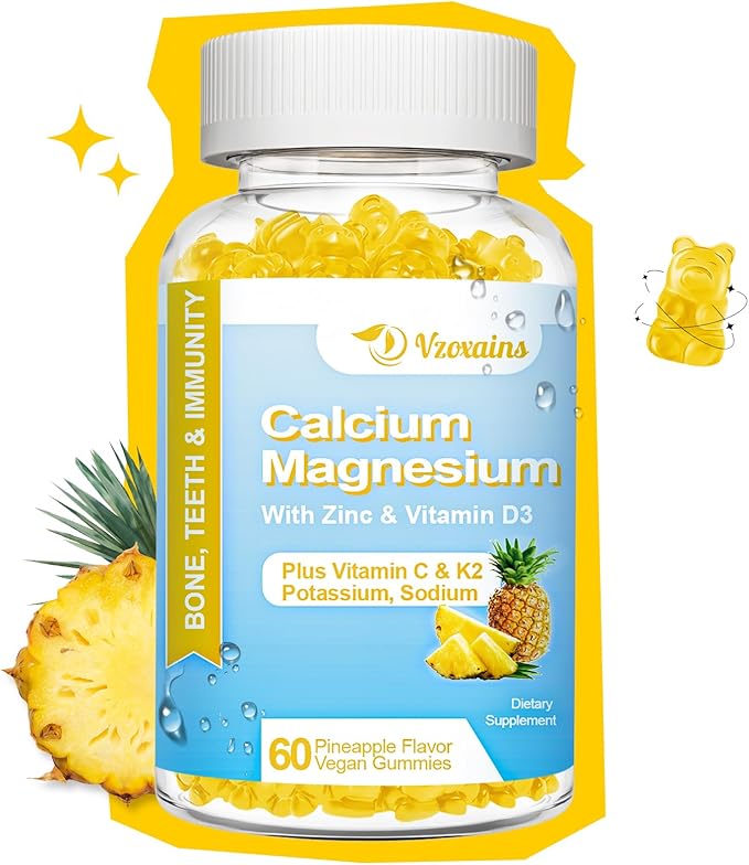 High Absorption Calcium Gummies, Sugar Free Calcium Magnesium Gummies with Vitamin D3 for Men and Women, Pineapple Flavor 60 Cts