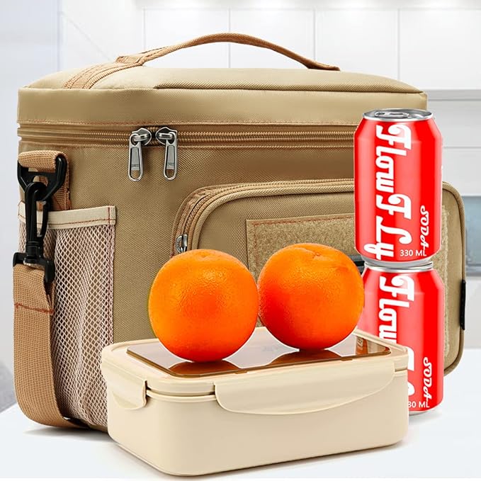 FlowFly Tactical Lunch Bag Large Insulated Lunch Box Cooler Tote for Men, Women with MOLLE/PALS Webbing(Brown, Medium)