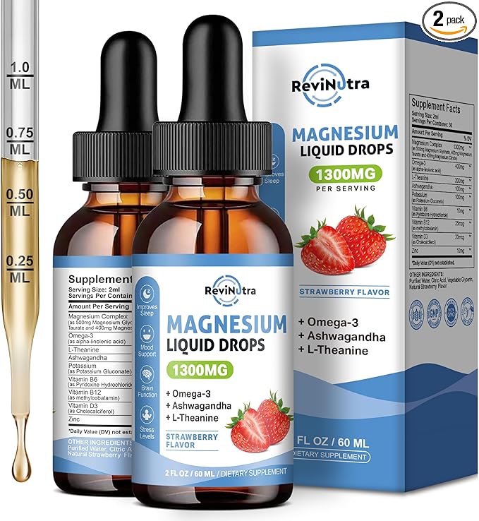 2 Pack Liquid Magnesium Glycinate Drops with Taurate & Citrate, Calm Magnesium with Omega3, L-Theanine, Potassium, Ashwagandha, Vitamin for Sleep, Muscle, Immune Health, Sugar-Free Strawberry Flavor